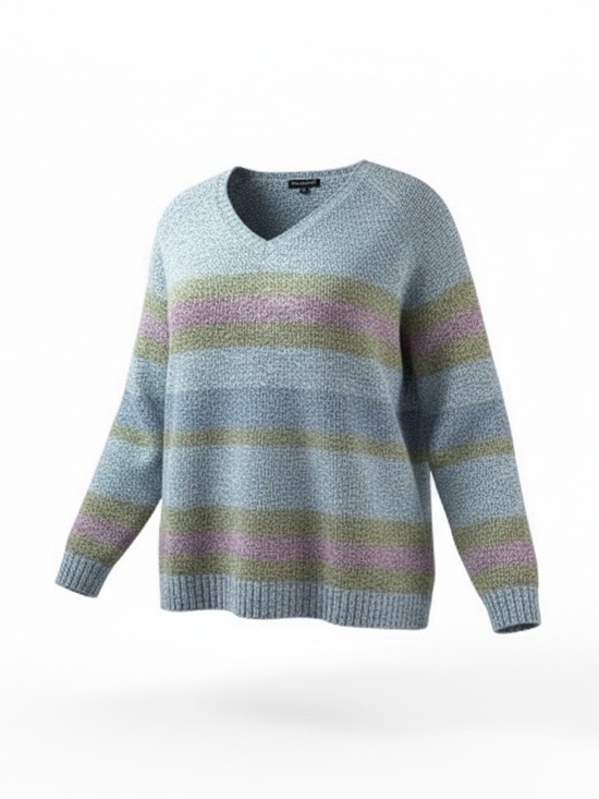 Carolyn Taylor Sweaters - Carolyn Taylor Woman Pastel Stripe Knit Sweater V-Neck 3X Blue Green